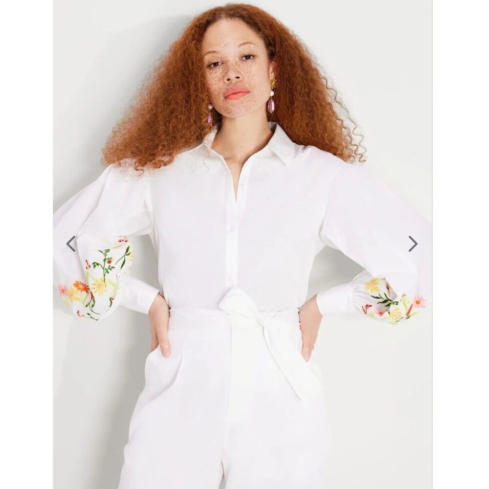 Kate Spade White Floral Embroidered Gathered Puff Sleeve Blouse Shirt Sz 6 NWOT